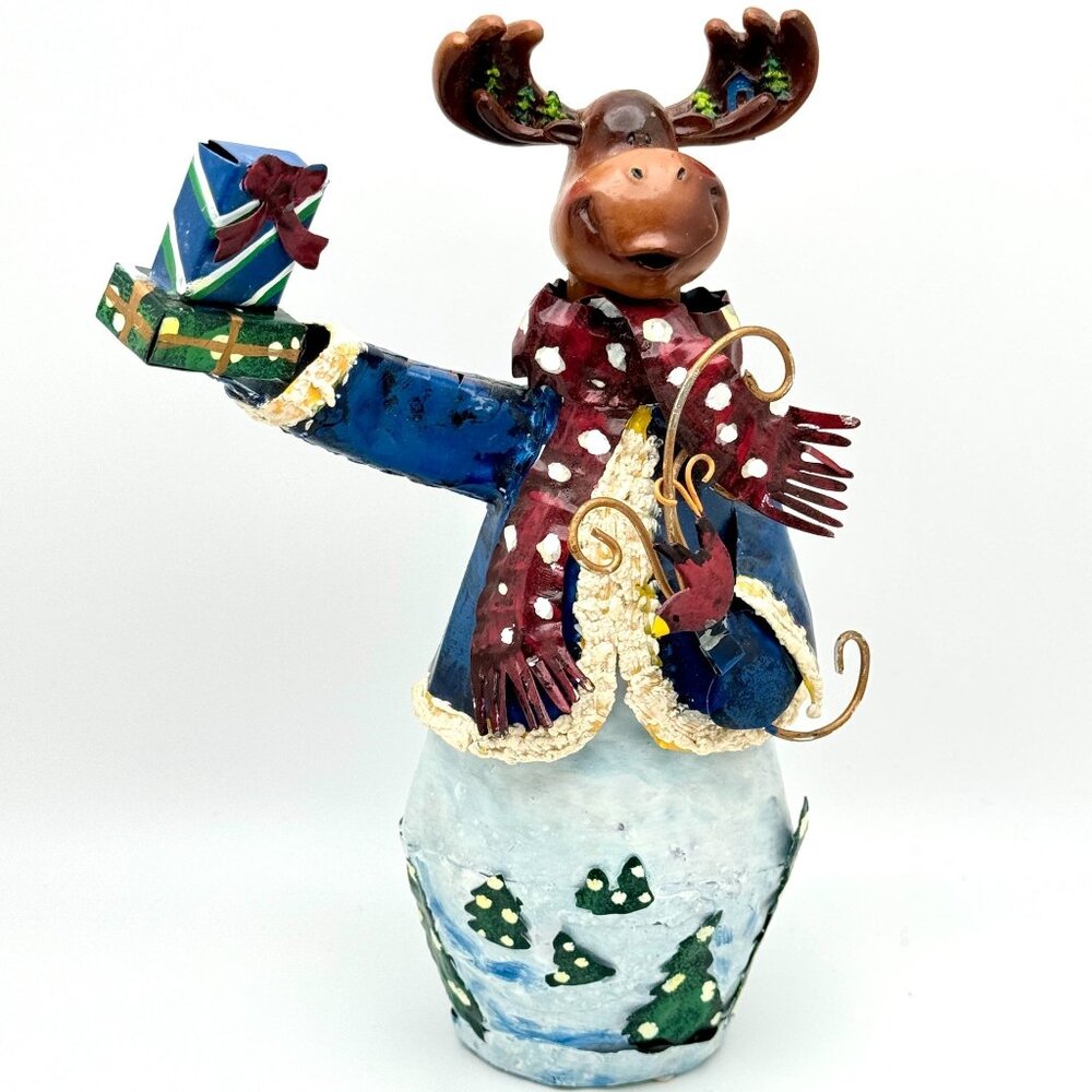 Hand-Painted Christmas Moose Figurine Holding Gift & Bird Metal 8"